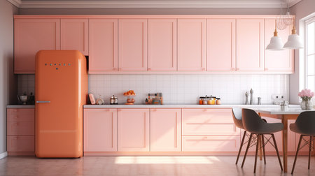 3d Illustration of a pink modern kitchen in a loft styleの素材