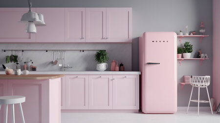 Pink fridge in modern kitchen interior. 3d render illustration mock upの素材