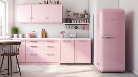 Kitchen interior with pink fridge and kitchenware. 3d renderingの素材