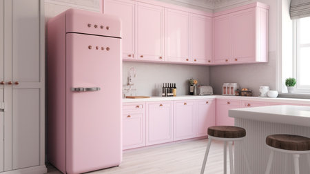 3d Illustration of pink modern kitchen in a house with a beautiful designの素材