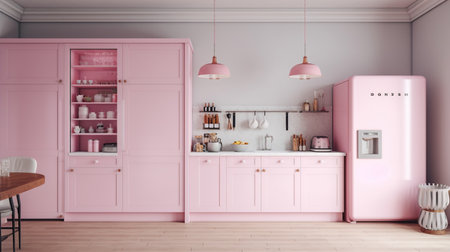 Pink kitchen interior with fridge and cupboard. 3D Renderingの素材