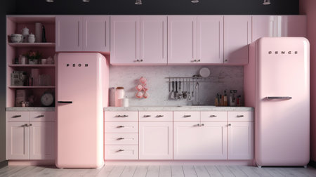 Pink modern kitchen interior with fridge, oven and sink. 3d renderingの素材
