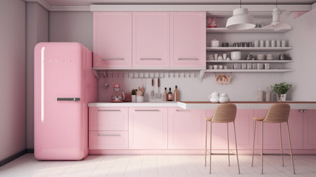 3d Illustration of a pink modern kitchen in a loft styleの素材
