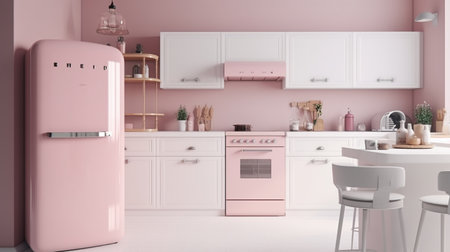 3d Illustration of a pink modern kitchen in a loft styleの素材
