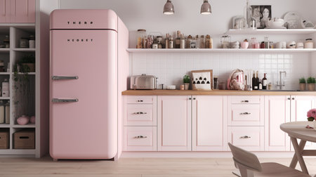 Pink refrigerator in modern kitchen interior. 3d render illustration mockupの素材