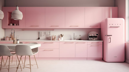 Pink modern kitchen interior design. 3d rendering mock up toned imageの素材