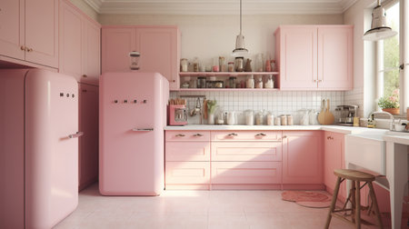 3d Illustration of a pink modern kitchen in a loft styleの素材