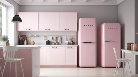 Pink modern kitchen in a minimalist style. 3d rendering mock upの素材
