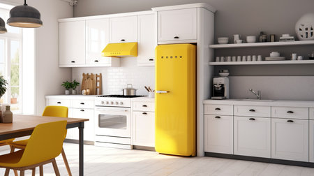 Modern kitchen interior with yellow refrigerator and yellow chair. 3d renderingの素材