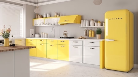 3d Illustration of yellow modern kitchen in a house with a beautiful designの素材