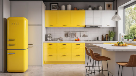 Interior of modern kitchen with yellow and white walls, tiled floor, white countertops and white cupboards. 3d renderingの素材