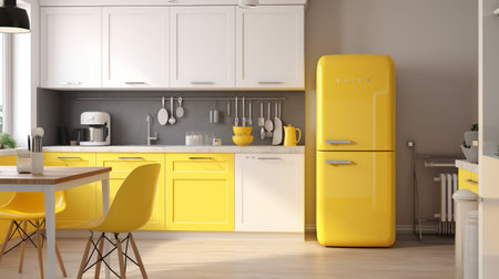 3d Illustration of yellow modern kitchen in a house with a beautiful designの素材
