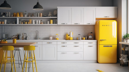 Kitchen interior with yellow fridge and chairs. 3D Renderingの素材