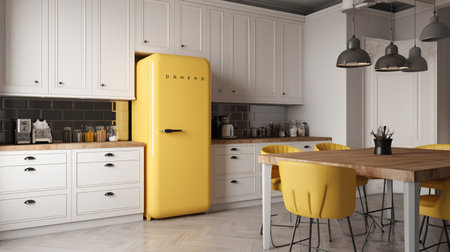 Modern kitchen interior with yellow refrigerator and yellow chairs. 3d renderingの素材