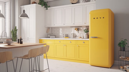 3d Illustration of yellow modern kitchen in a house with a beautiful designの素材