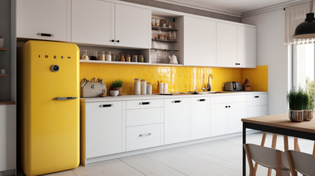 3d Illustration of white modern kitchen in a house with a beautiful designの素材