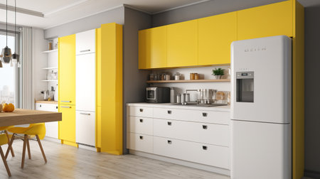 3d Illustration of yellow modern kitchen in a house with a beautiful designの素材