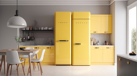 Kitchen interior with yellow fridge and chairs. 3d rendering.の素材