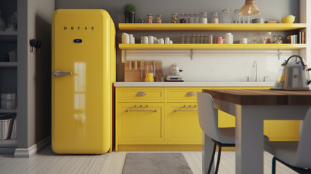 Modern yellow kitchen interior with fridge and chairs. 3D Renderingの素材