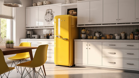 3d Illustration of a yellow modern kitchen in a loft styleの素材