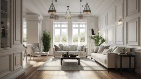 Classic living room interior design with white walls, wooden floor, classic sofa and coffee table. 3d renderの素材