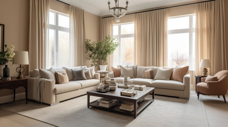 Modern living room interior design with beige sofa and coffee table. 3d renderの素材