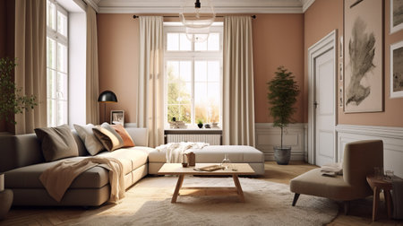 Modern living room interior design with brown sofa 3d Illustration.の素材