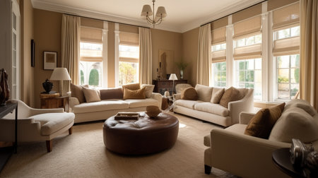 Luxury living room with beige sofa and brown coffee tableの素材