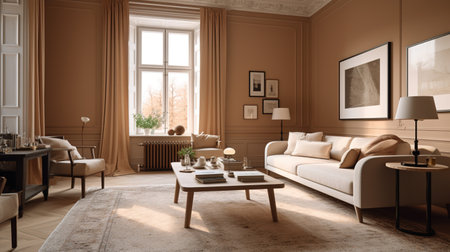 Living room interior design with beige walls, carpeted floor, beige sofa and coffee table. 3d renderの素材