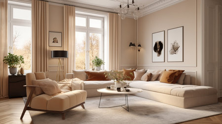 Modern living room interior design 3d render. Living room with beige sofa, coffee table and paintings on wall.の素材