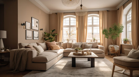 Modern living room interior with beige sofa and coffee table. 3d renderの素材