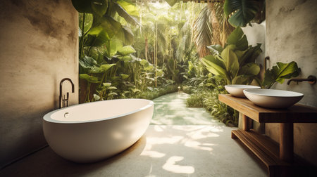 Bathroom interior with green plants and sunlight. 3D Renderingの素材