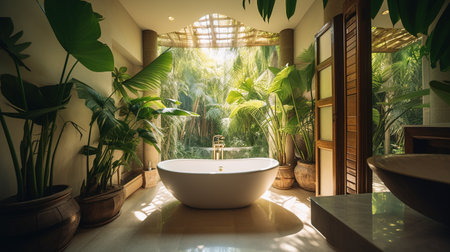 Bathtub in luxury villa with green plants and sunlight.の素材