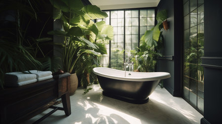 Bathroom interior with black bathtub, green plants and windowの素材