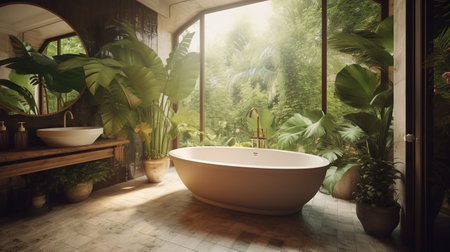 Bathroom Interior with Tropical Plants 3D Rendering Illustrationの素材