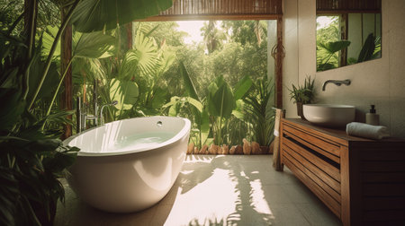 Bathroom interior with white bathtub and green tropical plants.の素材