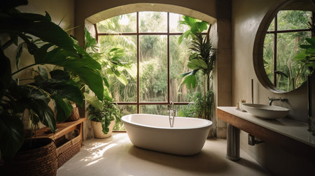 Bathroom interior with view of tropical plants and window. Nobody insideの素材