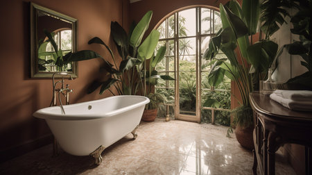 Bathroom interior with bathtub and tropical plants. 3d renderingの素材