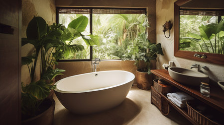 Bathroom interior with faucet, sink, towel and plantsの素材