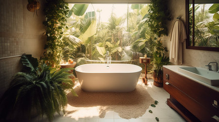 Bathroom interior decoration with bathtub and tropical plants. Vintage filterの素材
