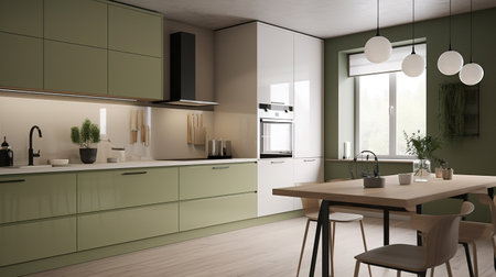 3d Illustration of green modern kitchen in a house with a beautiful designの素材