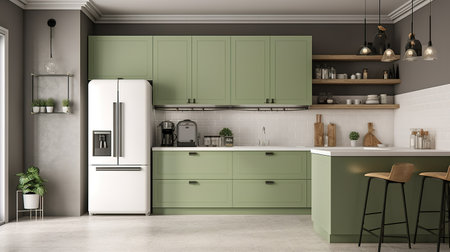 Kitchen interior with green walls, concrete floor, green countertops with built in sink and fridge. 3d renderingの素材