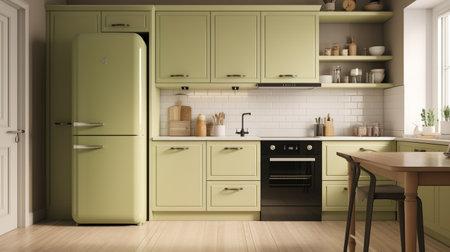 3d render of green modern kitchen in scandinavian styleの素材