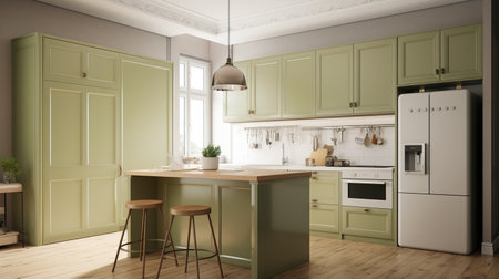 3d render of green modern kitchen in scandinavian styleの素材