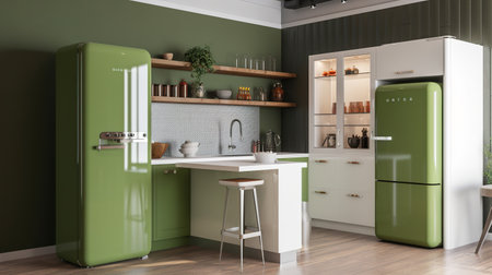 Kitchen interior design with green fridge and cupboard 3d Illustrationの素材