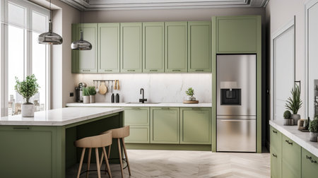 3d render of green modern kitchen in a house with a beautiful designの素材