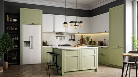 3d Illustration of green modern kitchen in a house with a beautiful designの素材
