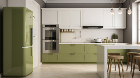 3d Illustration of green modern kitchen in a house with a beautiful designの素材