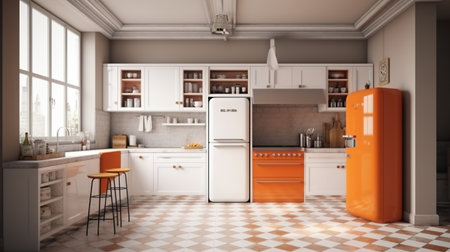 3d Illustration of a modern kitchen in a loft with orange and white furnitureの素材