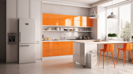 Modern orange kitchen interior design. 3d rendering. Mock up.の素材